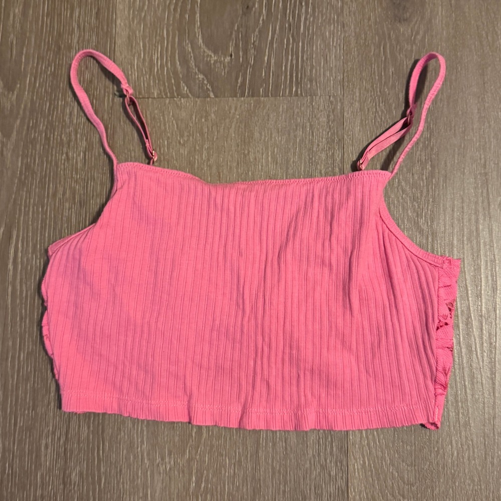 Aerie Beach Daze Lace Ribbed Bra Back Cami Crop Top Pink Adjustable Straps